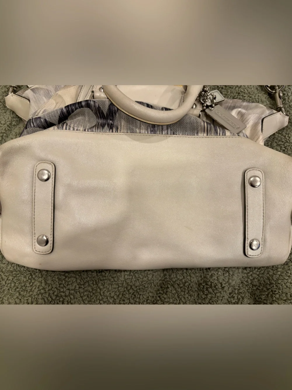 Coach Madison Op Art kat Sabrina Satchel Signature Tote Monogram Canvas Silver